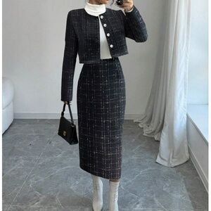 Classic Plaid Print Tweed Button Jacket Skirt Set